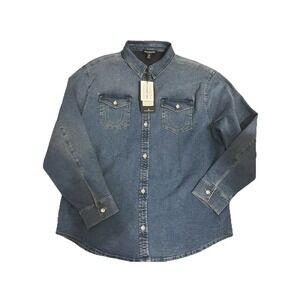 True Religion Crystal Logo Rd Horseshoe Oversize Denim Shirt  Medium Wintry Wash